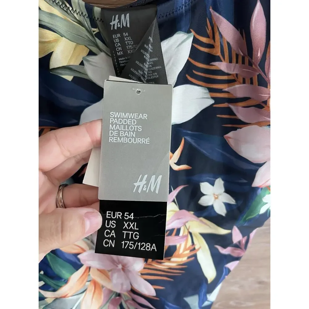 H&M Tropical Floral One Piece Swim Suit Size XXL Scoop Neck Flattering Beach